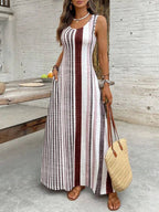 Vestido Longo Regata Com Estampa Listrada Estilo Resort
