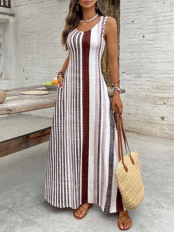 Vestido Longo Regata Com Estampa Listrada Estilo Resort