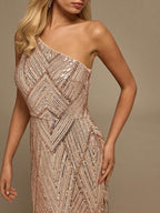 Vestido Midi Ombro Único Com Paetês E Fenda