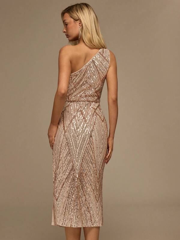 Vestido Midi Ombro Único Com Paetês E Fenda