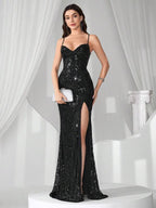 Vestido Longo Sereia Com Paetês E Fenda Frontal