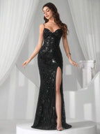 Vestido Longo Sereia Com Paetês E Fenda Frontal