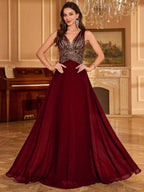 Vestido Longo Com Corpete Bordado E Saia Evasê