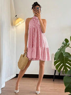Vestido Curto Frente Única Com Babados Listrado
