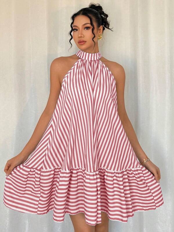Vestido Curto Frente Única Com Babados Listrado