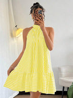 Vestido Curto Frente Única Com Babados Listrado
