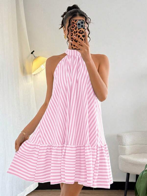 Vestido Curto Frente Única Com Babados Listrado