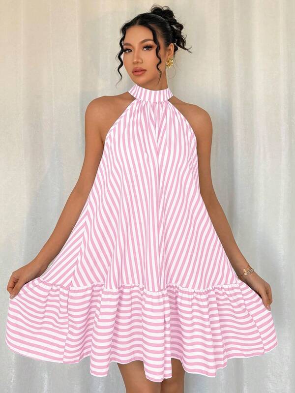 Vestido Curto Frente Única Com Babados Listrado