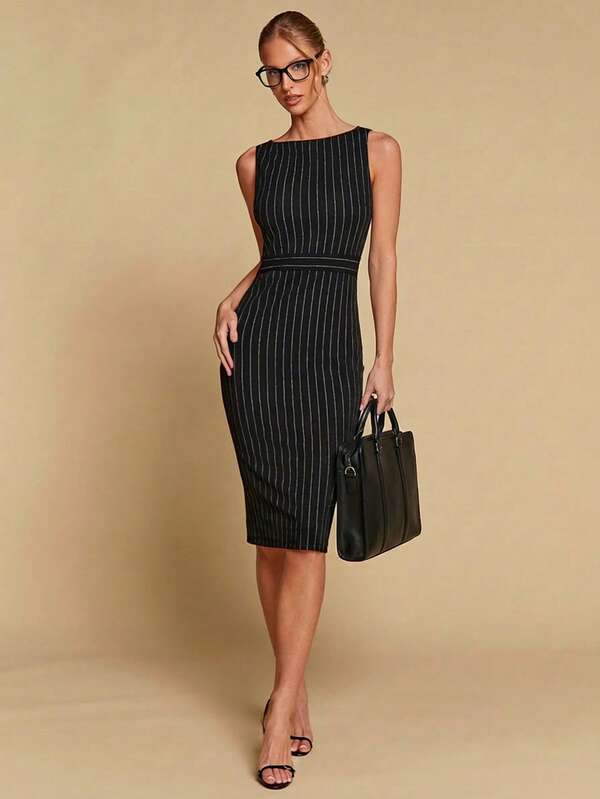Vestido Midi Ajustado Com Listras E Estilo Clássico