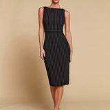 Vestido Midi Ajustado Com Listras E Estilo Clássico