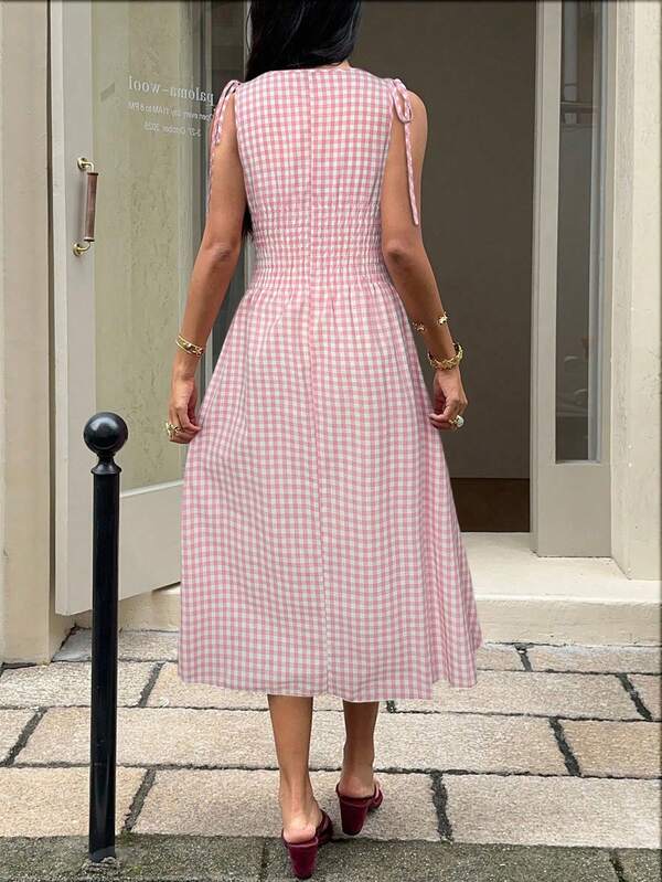 Vestido Midi Com Lastex Estampa Vichy E Amarração