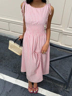 Vestido Midi Com Lastex Estampa Vichy E Amarração