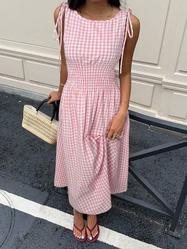 Vestido Midi Com Lastex Estampa Vichy E Amarração