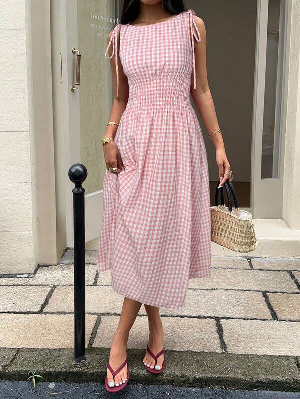 Vestido Midi Com Lastex Estampa Vichy E Amarração