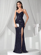 Vestido Longo Sereia Com Paetês E Fenda Frontal