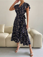 Vestido Midi Transpassado Com Babados E Estampa Floral