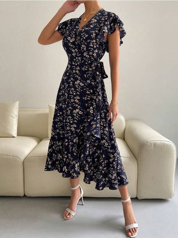 Vestido Midi Transpassado Com Babados E Estampa Floral