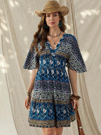 Vestido Curto Decote V Com Manga Fluida E Estampa Floral