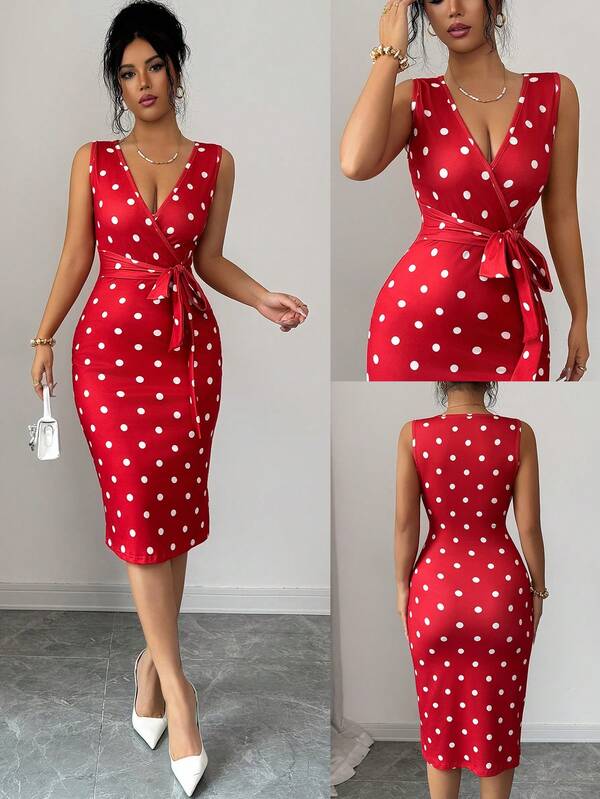 Vestido Midi Transpassado Com Faixa Estampa Poá