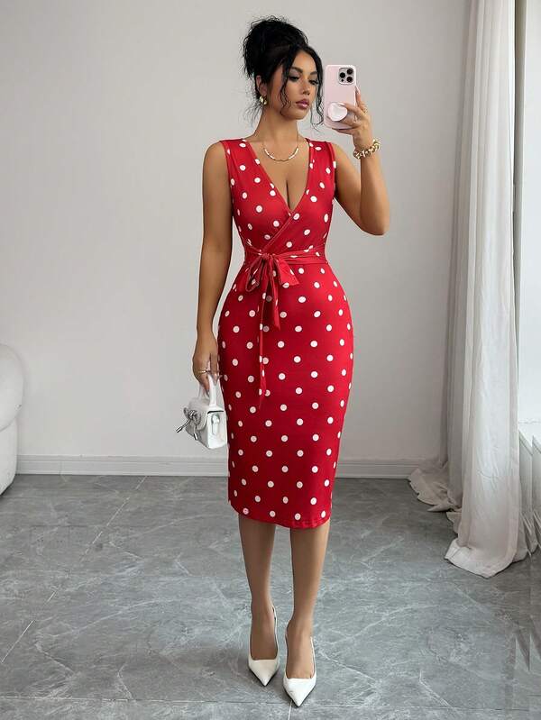 Vestido Midi Transpassado Com Faixa Estampa Poá