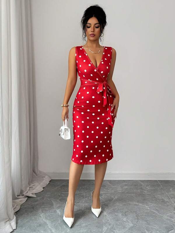 Vestido Midi Transpassado Com Faixa Estampa Poá