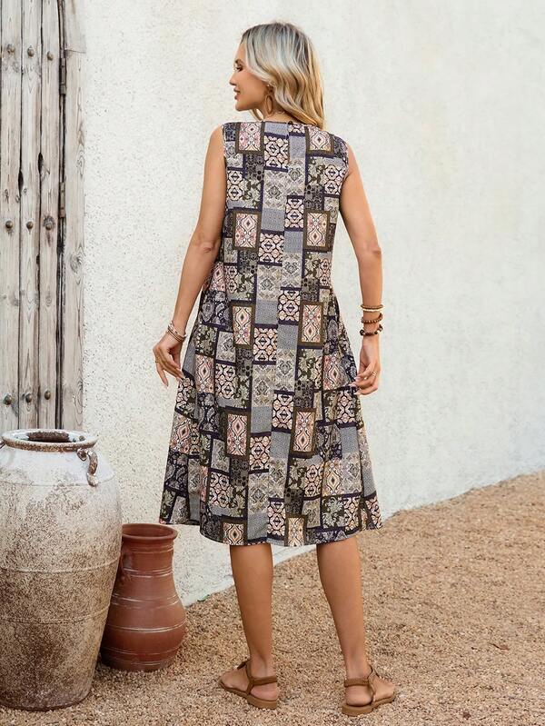 Vestido Midi Evasê Sem Mangas Com Bolsos Estilo Minimalista