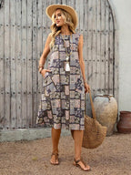 Vestido Midi Evasê Sem Mangas Com Bolsos Estilo Minimalista