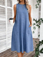 Vestido Midi Evasê Sem Mangas Com Bolsos Estilo Minimalista