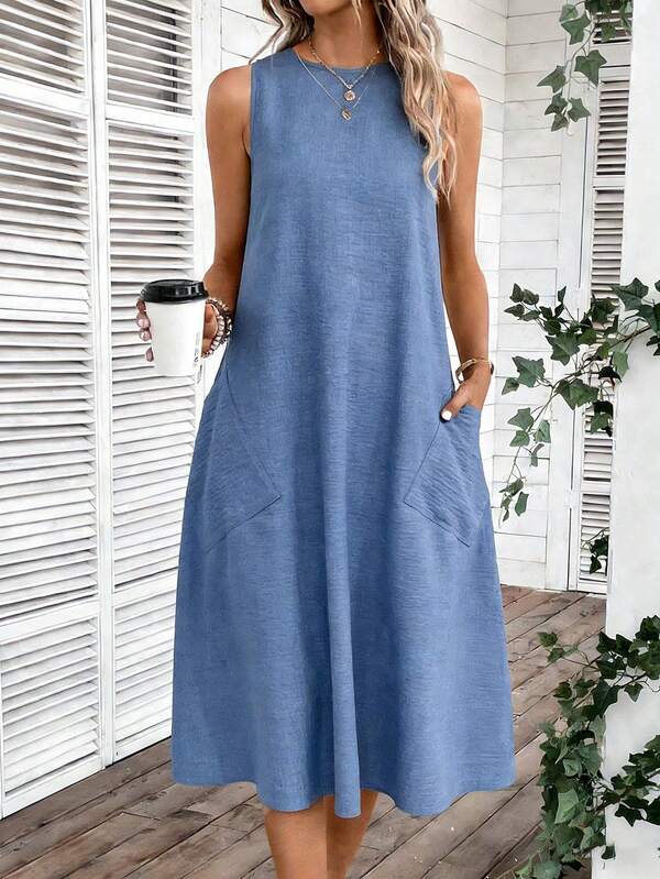 Vestido Midi Evasê Sem Mangas Com Bolsos Estilo Minimalista