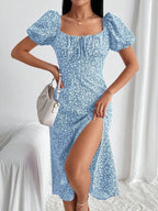Vestido Midi Com Fenda E Estampa Floral Romântica