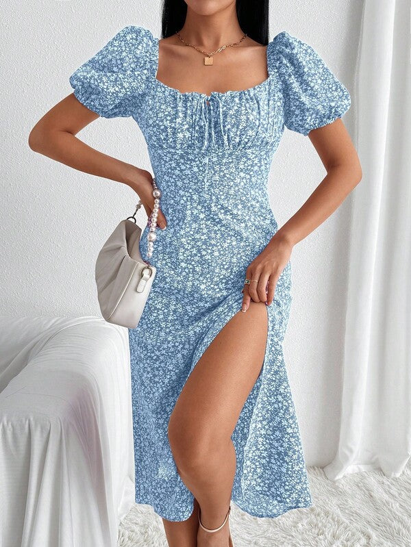Vestido Midi Com Fenda E Estampa Floral Romântica