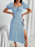 Vestido Midi Com Fenda E Estampa Floral Romântica