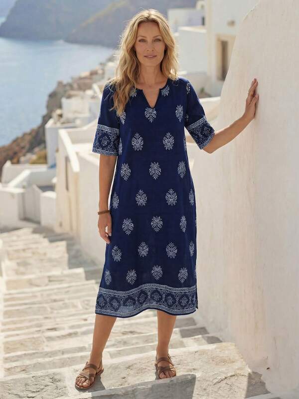 Vestido Midi Decote V Com Estampa Étnica Estilo Resort