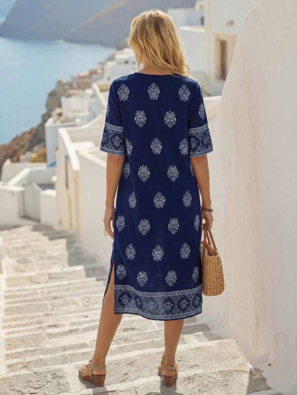 Vestido Midi Decote V Com Estampa Étnica Estilo Resort