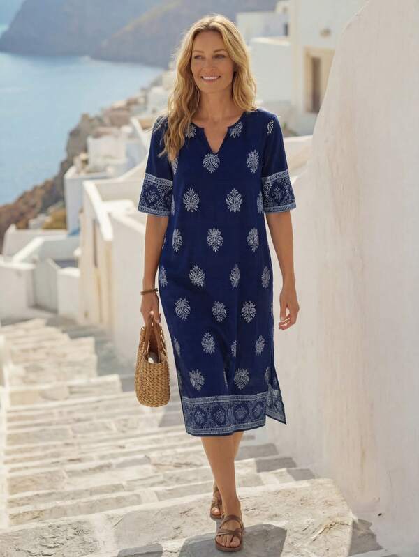 Vestido Midi Decote V Com Estampa Étnica Estilo Resort