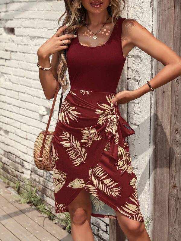 Vestido Midi Regata Com Amarração Estampa Tropical Resort