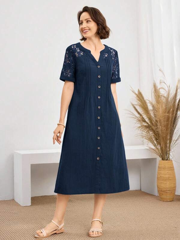 Vestido Midi Com Botões E Manga Rendada Decote Redondo Boho
