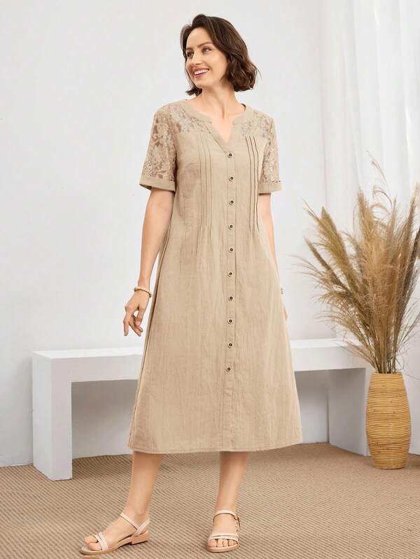 Vestido Midi Com Botões E Manga Rendada Decote Redondo Boho
