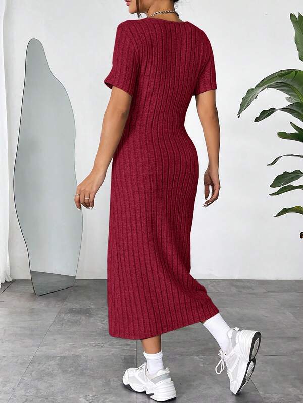 Vestido Midi Canelado Ajustado Manga Curta Estilo Minimalista