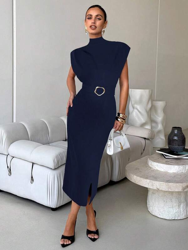Vestido Midi Com Gola Alta E Cinto Geométrico