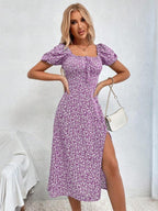 Vestido Midi Com Fenda E Estampa Floral Romântica