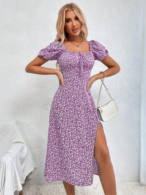Vestido Midi Com Fenda E Estampa Floral Romântica