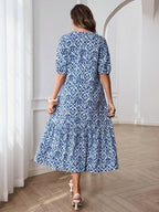 Vestido Midi Decote V Com Estampa Abstrata E Babados