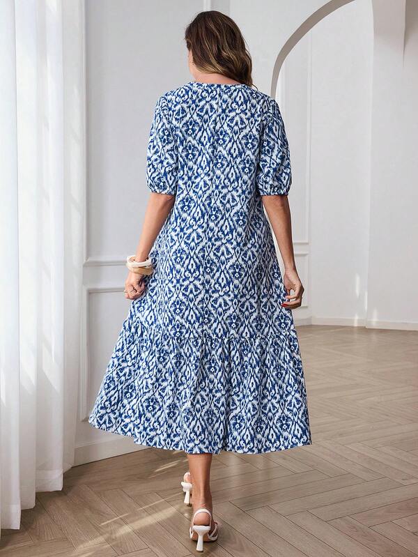 Vestido Midi Decote V Com Estampa Abstrata E Babados