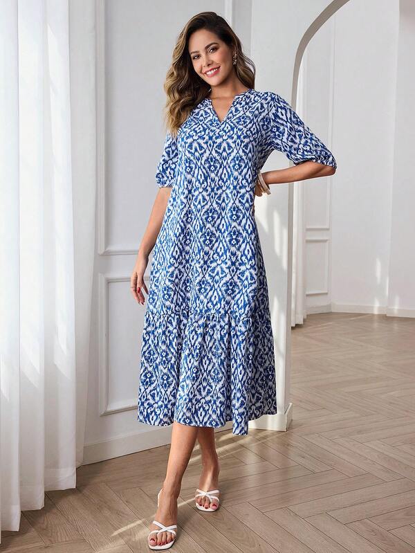 Vestido Midi Decote V Com Estampa Abstrata E Babados