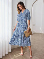 Vestido Midi Decote V Com Estampa Abstrata E Babados