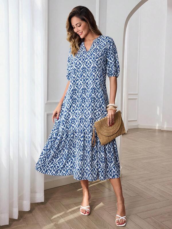 Vestido Midi Decote V Com Estampa Abstrata E Babados