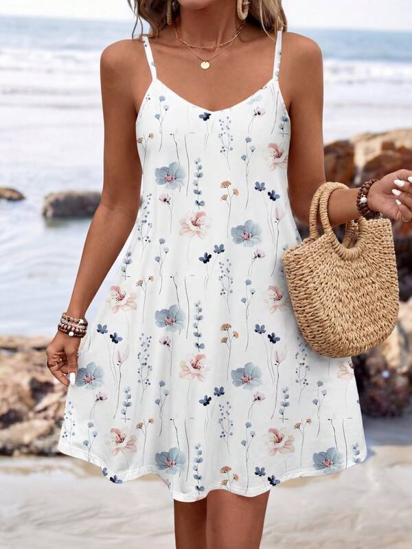Vestido Curto Com Alças Finas E Estampa Floral Casual