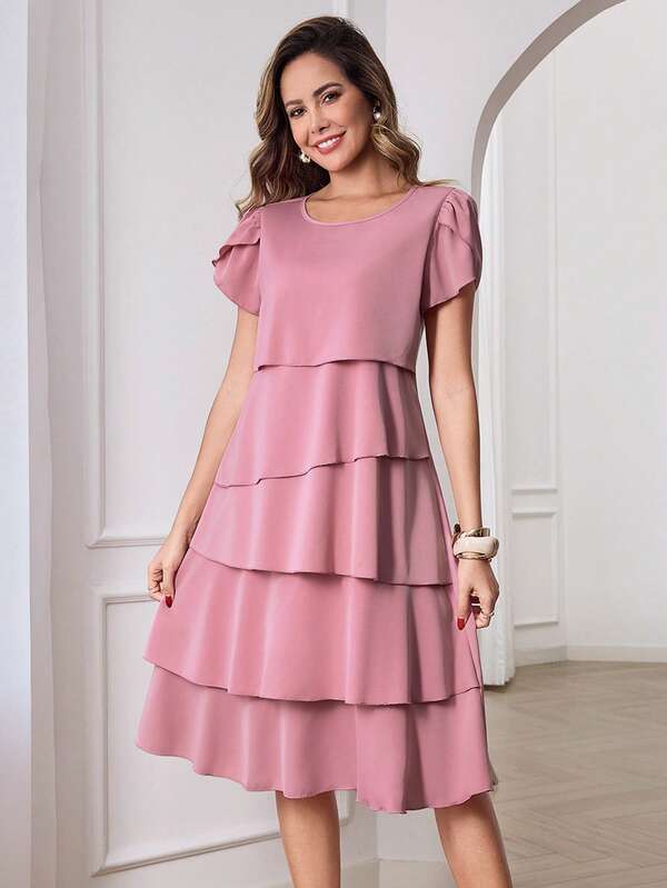 Vestido Midi Com Babados Em Camadas E Manga Curta
