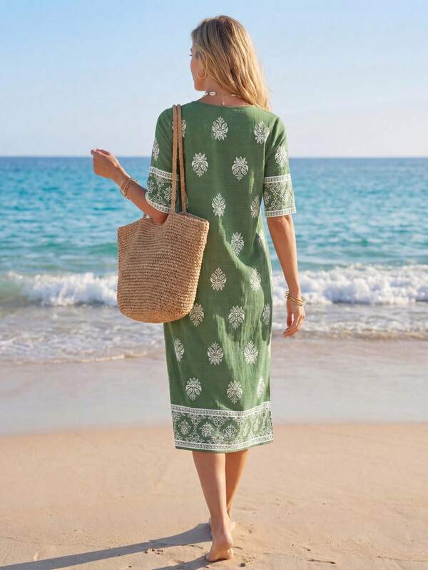 Vestido Midi Decote V Com Estampa Étnica Estilo Resort